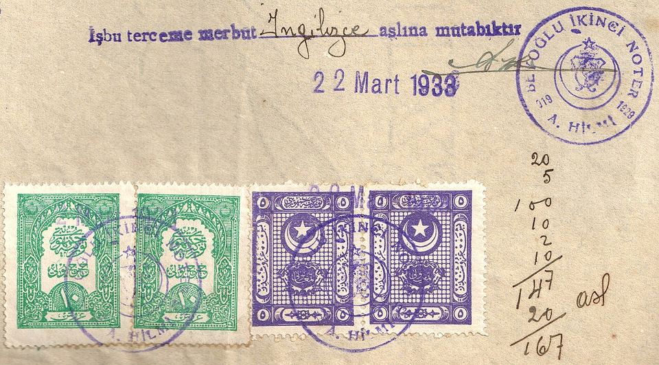 Fotoğraf: Turkey 1933 detail of notary document with revenues Sul. 6172, 6189 (2)