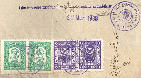 Fotoğraf: Turkey 1933 detail of notary document with revenues Sul. 6172, 6189 (2)